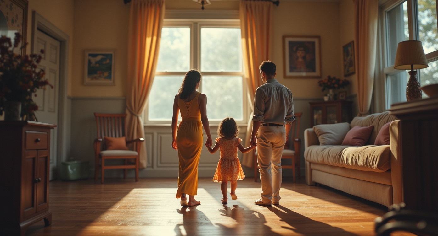 Családi pillanat egy modern otthonban, elágazó szerepekkel.