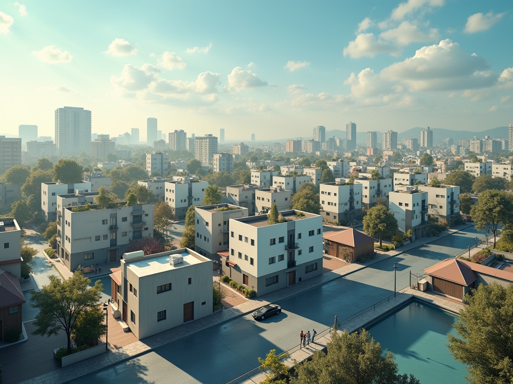 Modern lakónegyed képe, új házakkal és városi tájjal.