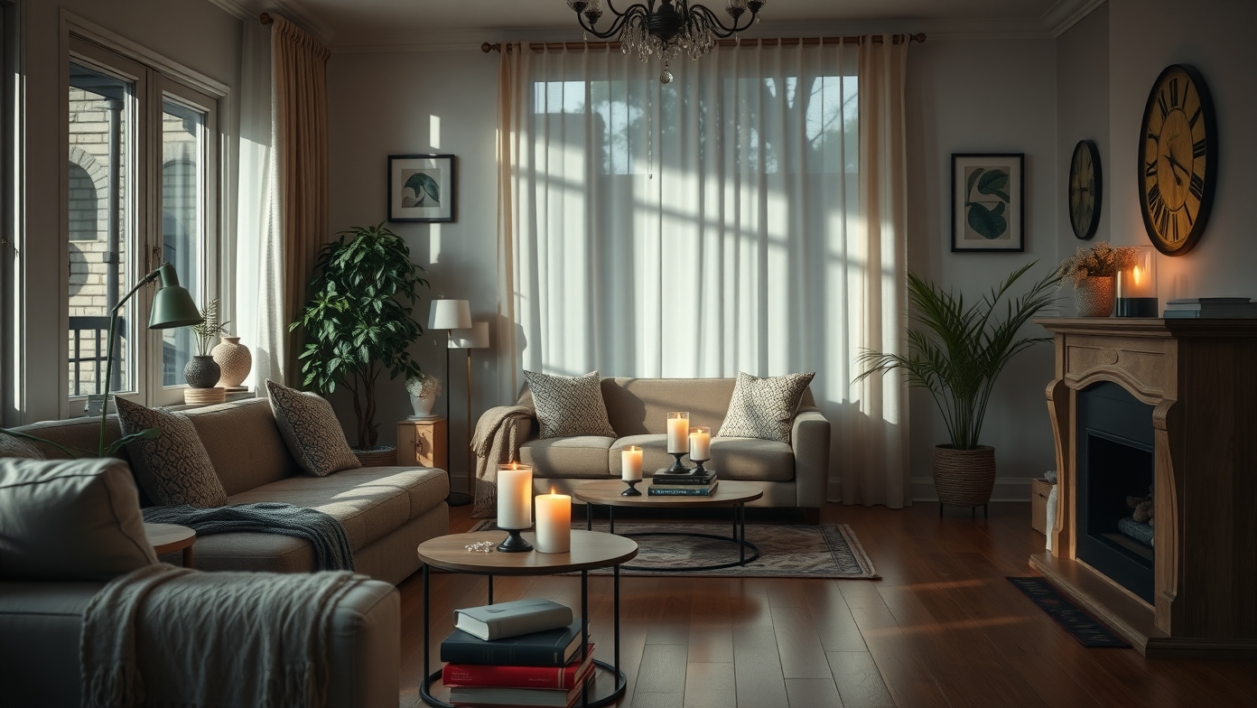 Beltéri nappali gyertyákkal, kényelmes bútorokkal és növényekkel.