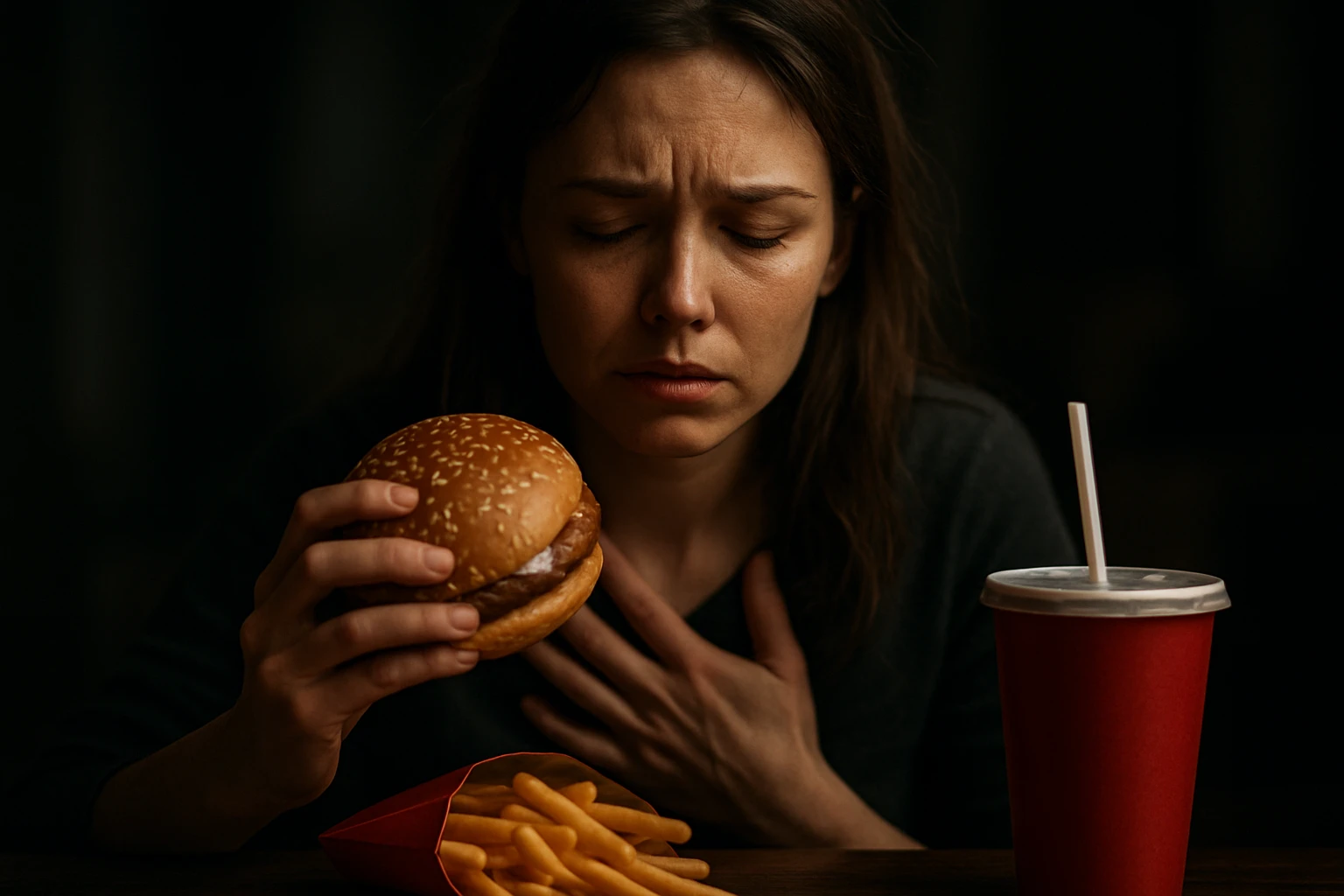 Nő gyorsételt tart a kezében, súlyos gondokkal nézve