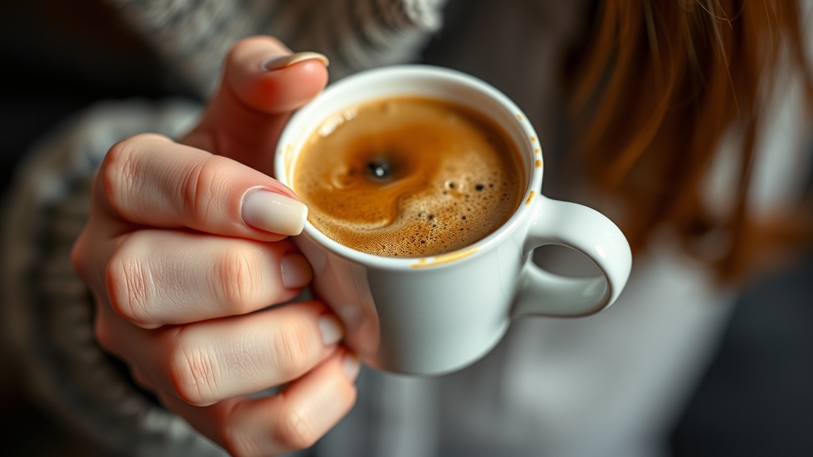 Kávézó kezekben tartott csésze, a túlzott kávéfogyasztásra utalva.