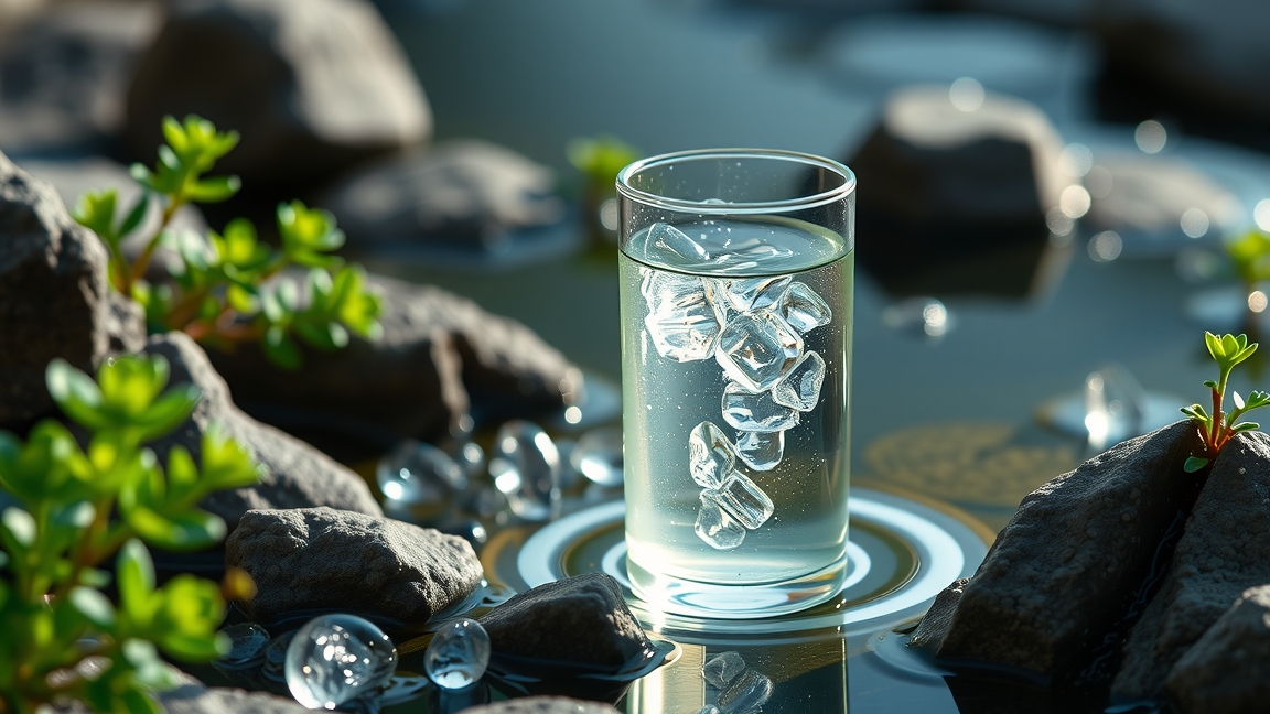 Friss peridot víz jégkockákkal, természetes környezetben.