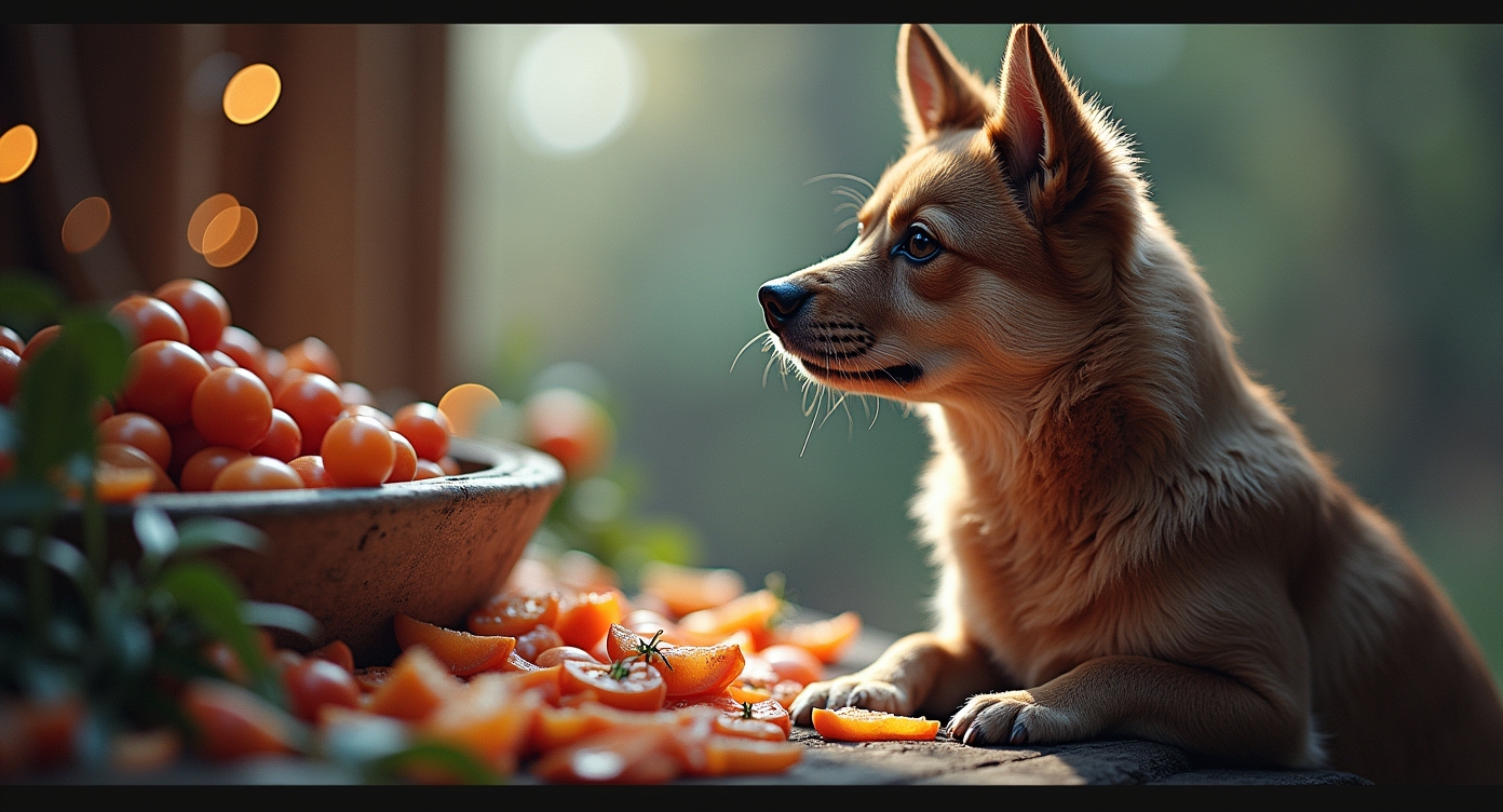 Kutyus egy tál friss zöldséggel és gyümölccsel