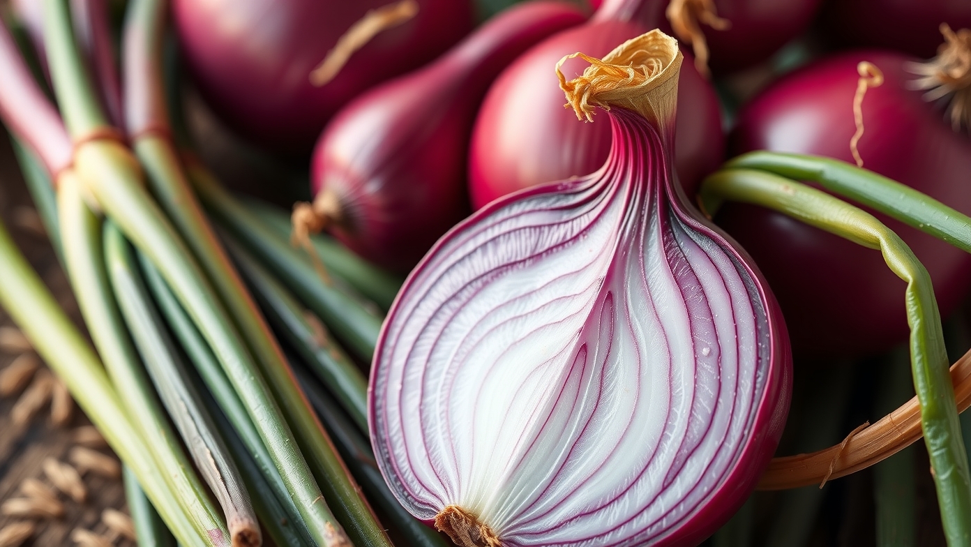 Félbevágott vöröshagyma és friss hagymaszárak egy csoportja.