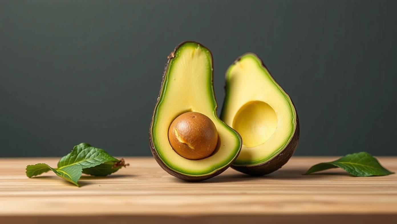 Friss avokádó félbevágva, egészséges zsírok forrása.