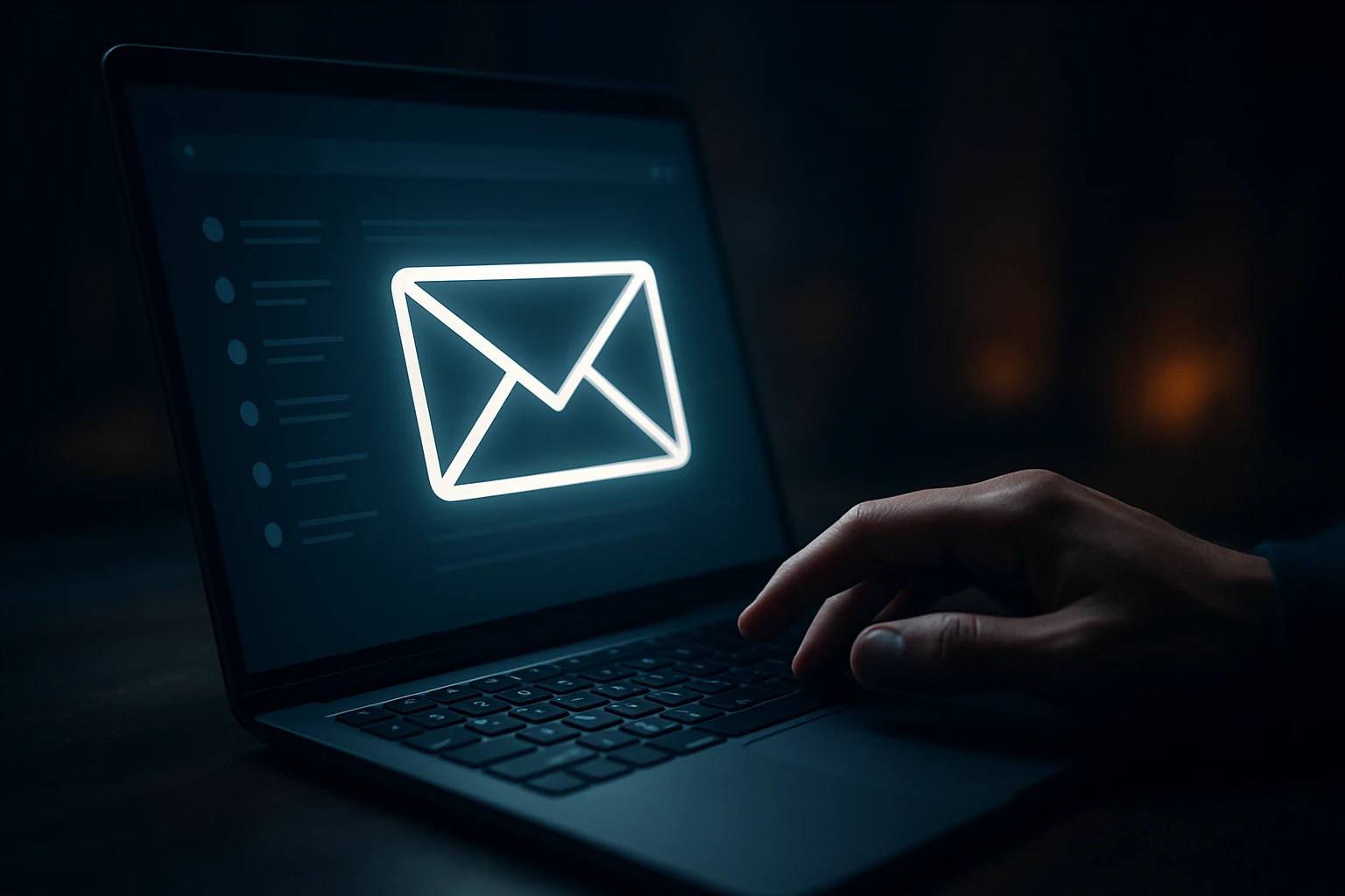 Kéz használ egy laptopot e-mail ikon megjelenítésével