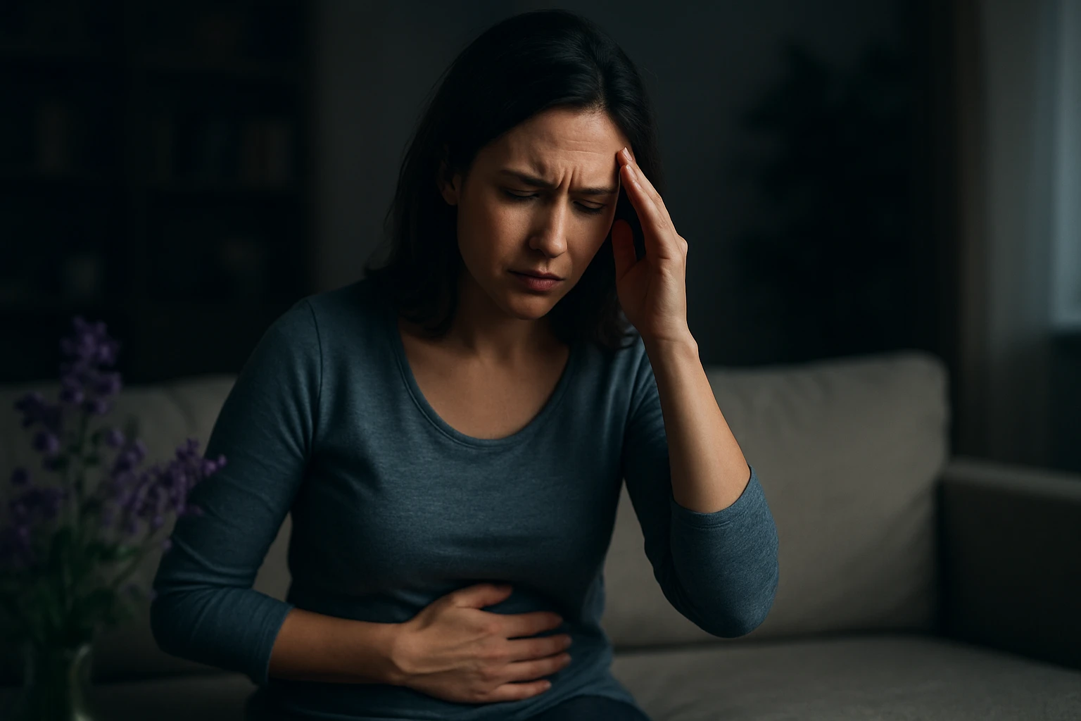 Nő miómás tünetekkel, fájdalommal és diszkomfort érzéssel.