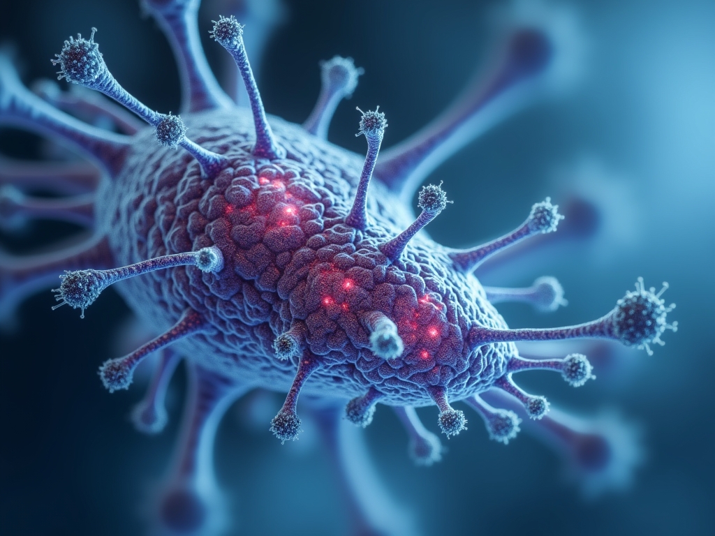 Mikroszkopikus kép egy vírusos sejtről, amely a szívbetegségeket befolyásolhatja.