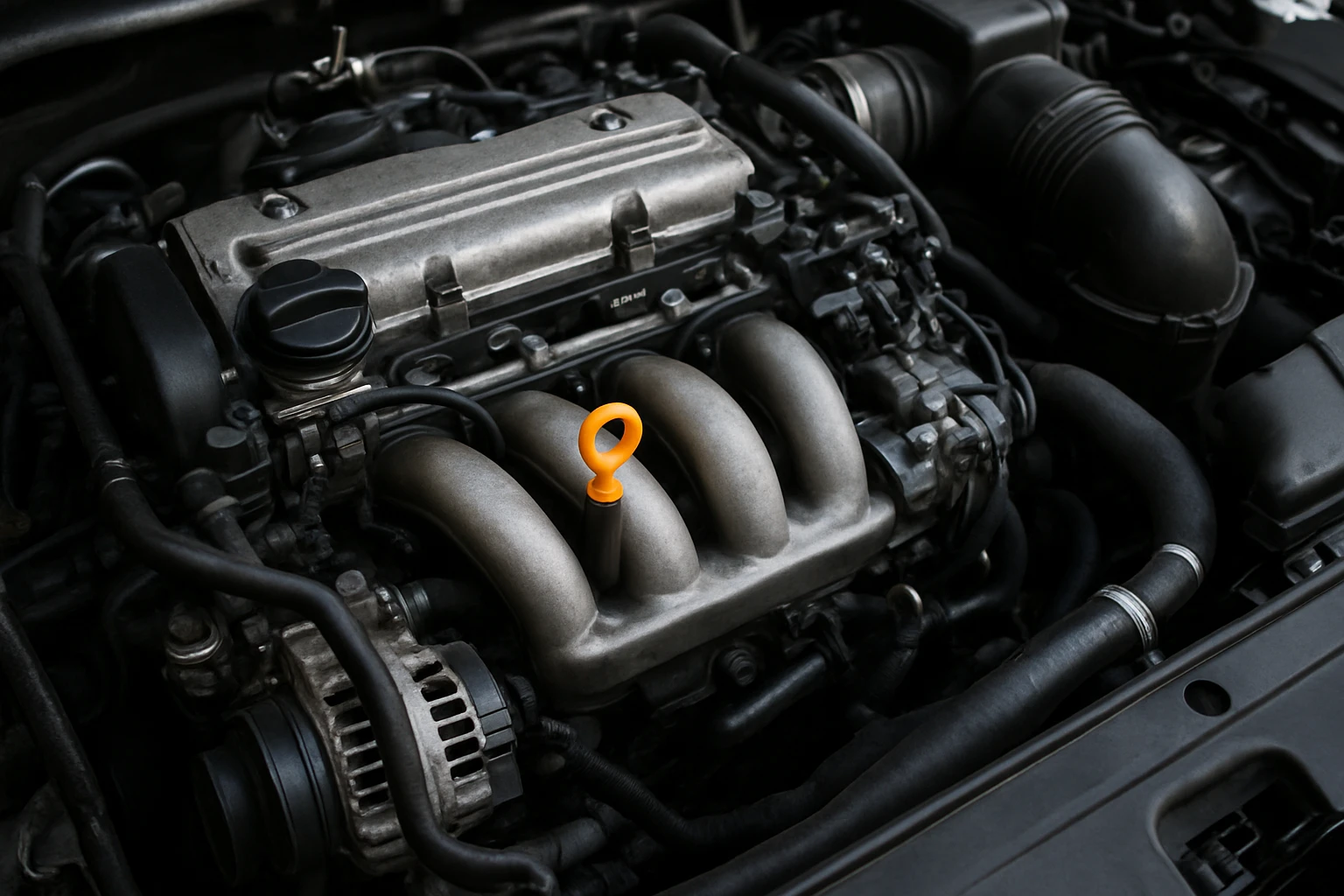 Egy autó motorja, látható a szürke fém alkatrészekkel és egy narancssárga olajszintmérővel.