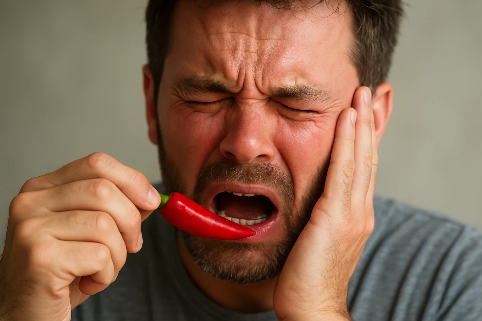 Egy férfi fájdalmas arckifejezéssel tart egy piros chili paprikát a szájában.