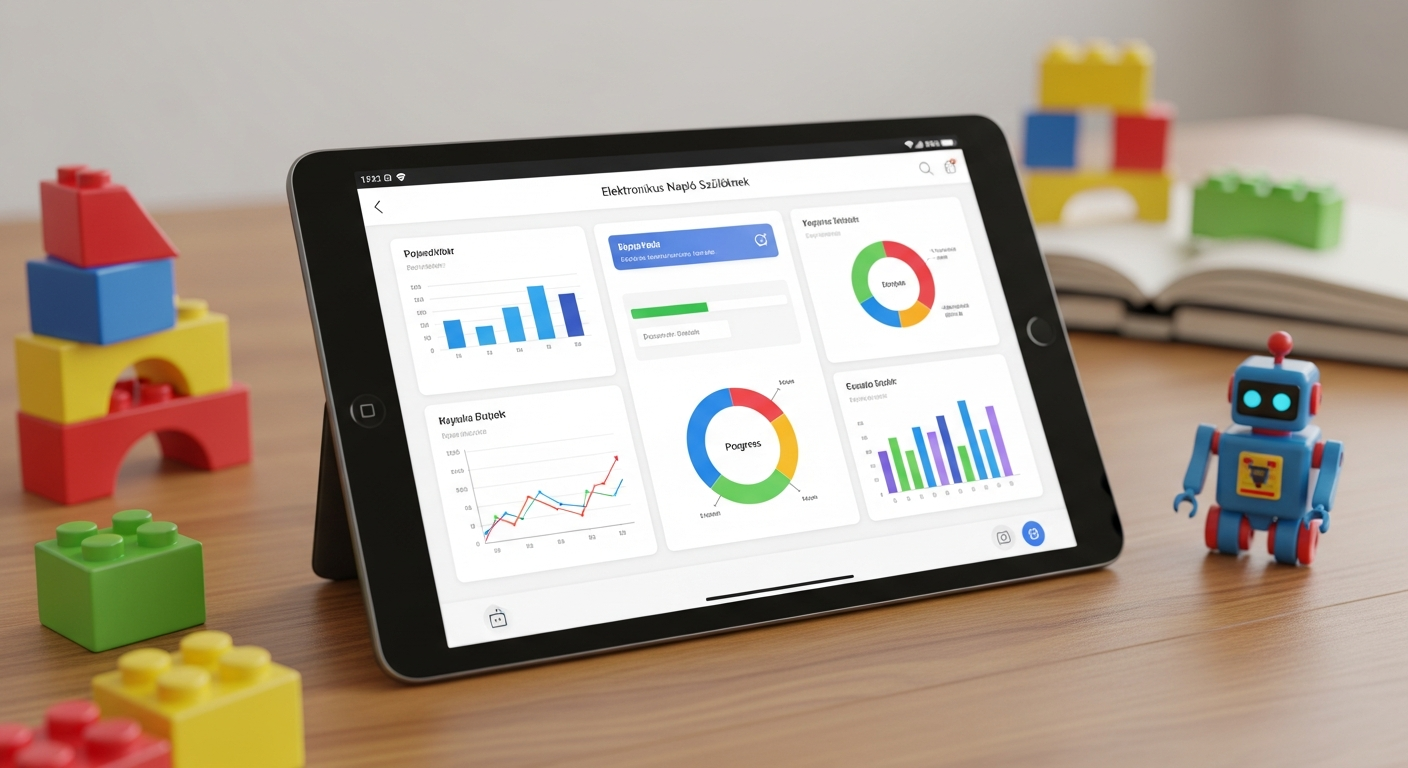 Egy táblagép képernyőjén különböző grafikonok és statisztikák láthatók.