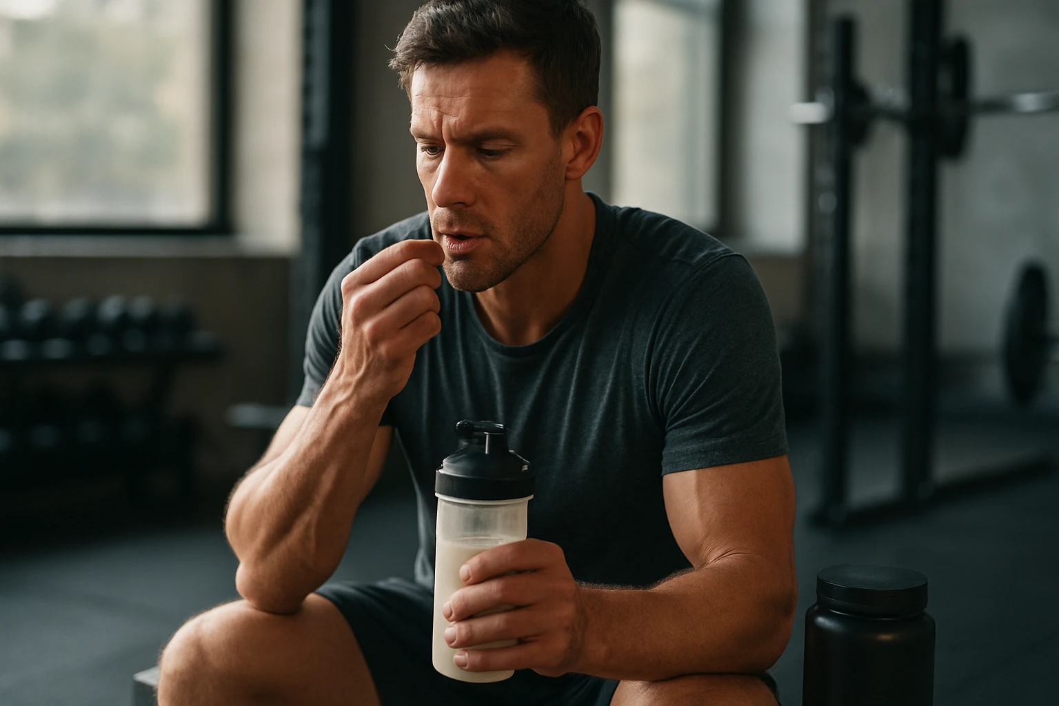 Egy férfi edzés közben fehérjét fogyaszt egy shakerből, koncentrált arccal.
