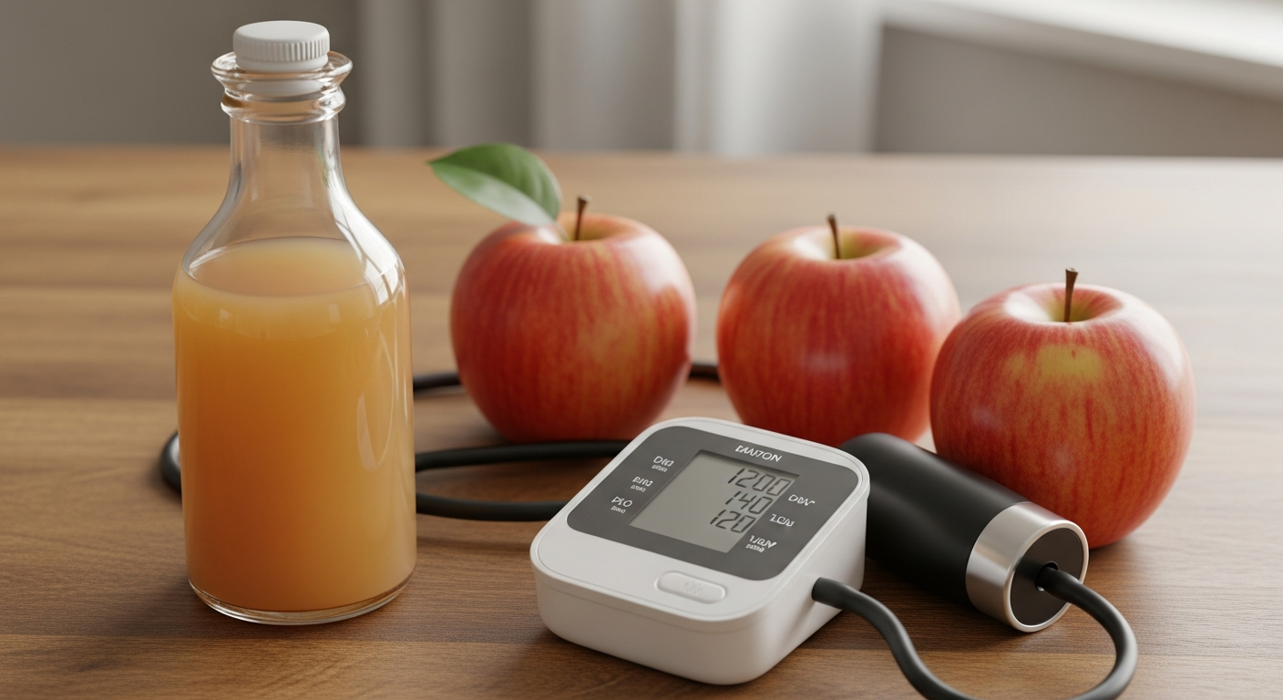 Egy asztalon álló vérnyomásmérő, alma és gyümölcslé üveg.