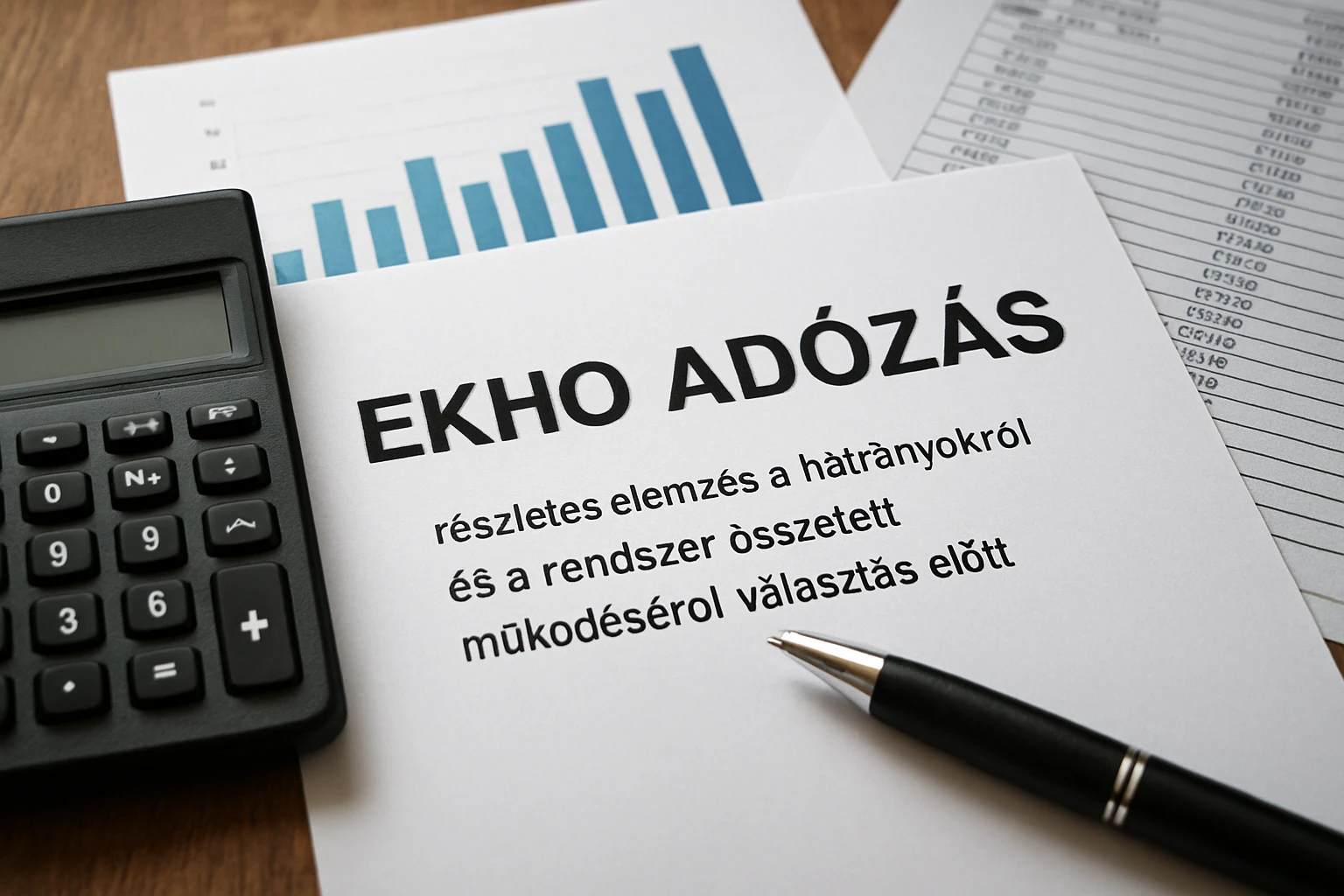 Egy asztalon fekvő papír, amely az EKHO adózásról szól, mellette egy számológép és egy toll.