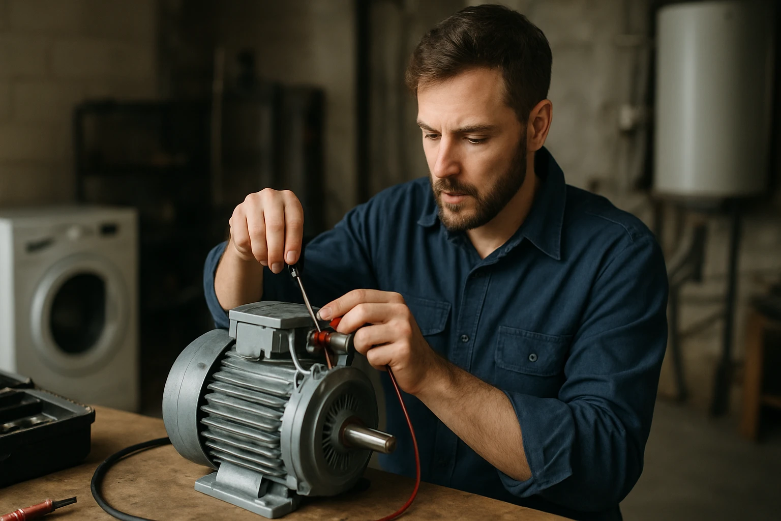Egy férfi elektromos motort javít, szerszámot használva a munkához.