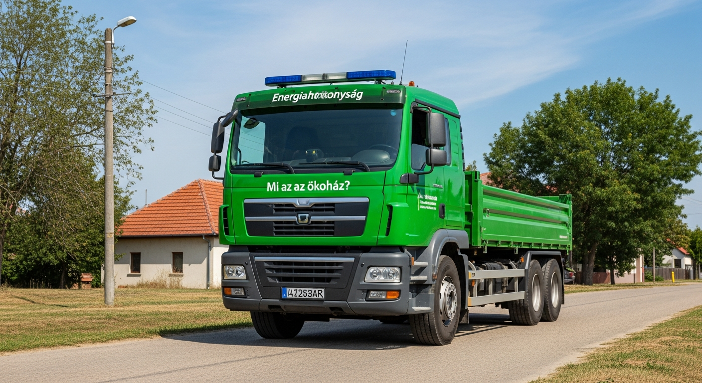 Zöld színű teherautó halad egy vidéki úton, energiatakarékosságra utaló felirattal.