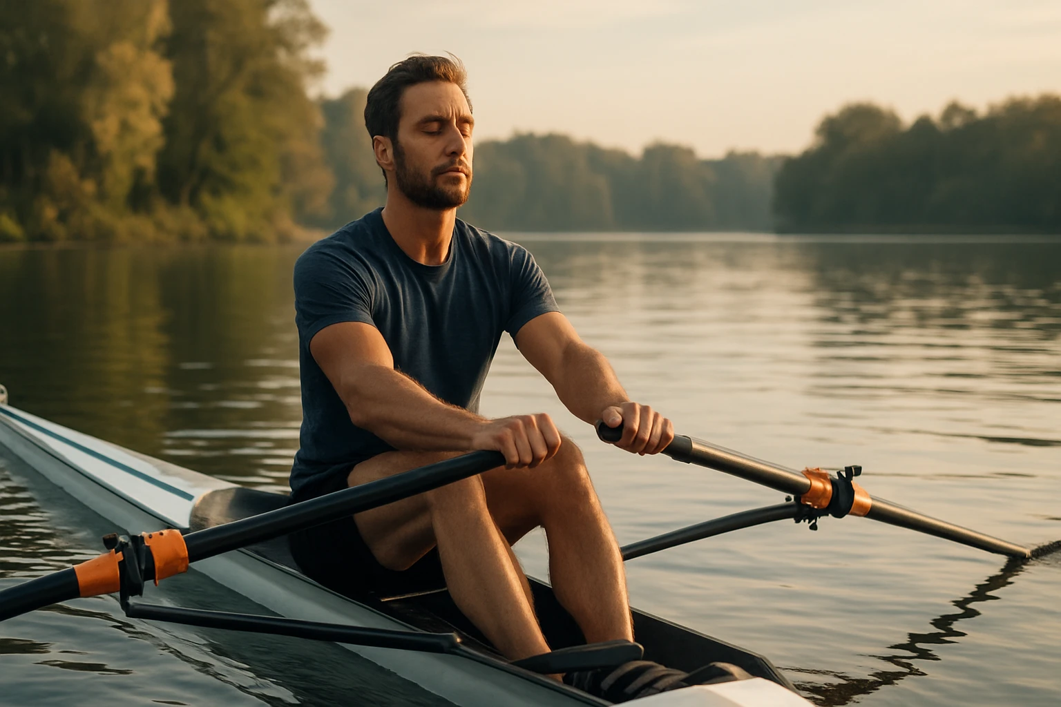 Egy férfi evez egy csónakban, nyugodt vízen, naplementében.
