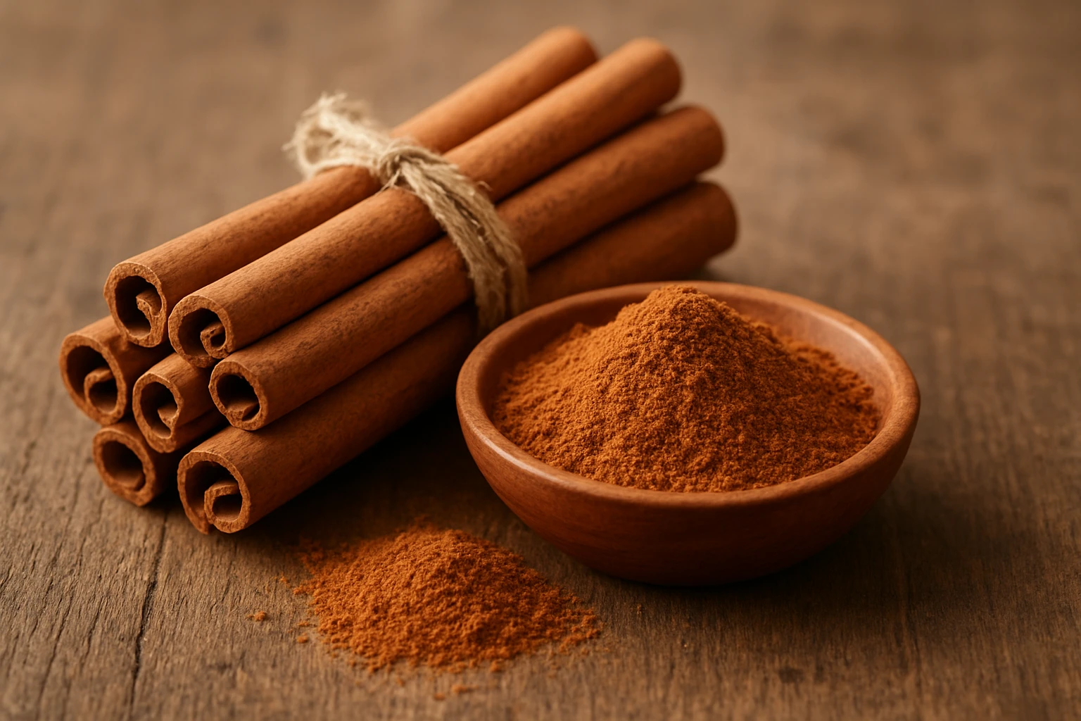 Fahéjrudak és fahéjpúder egy kis tálban, természetes háttér előtt.