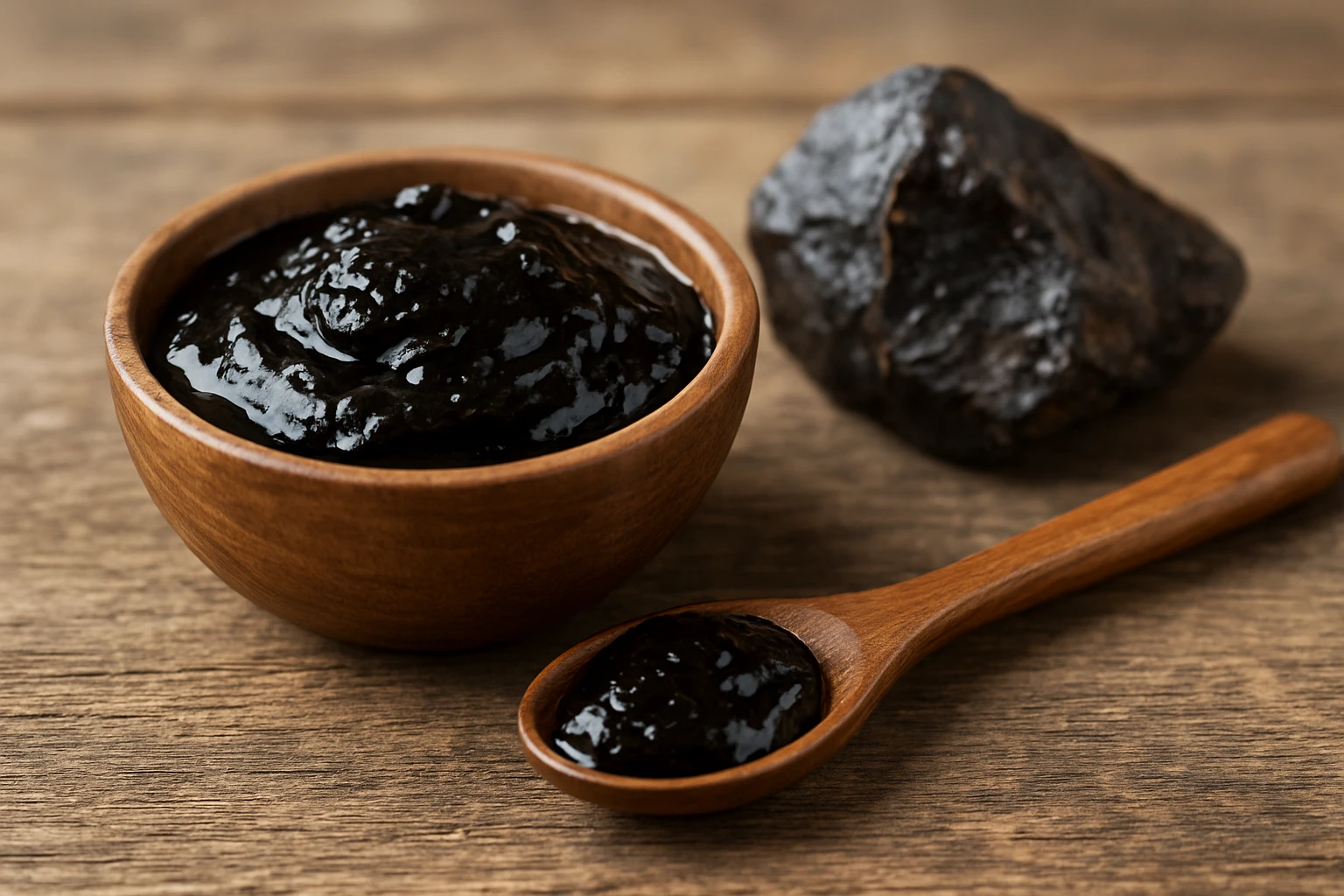Egy kis tálban sötét, sűrű, fekete paszta, mellette egy fakanál és egy kő.