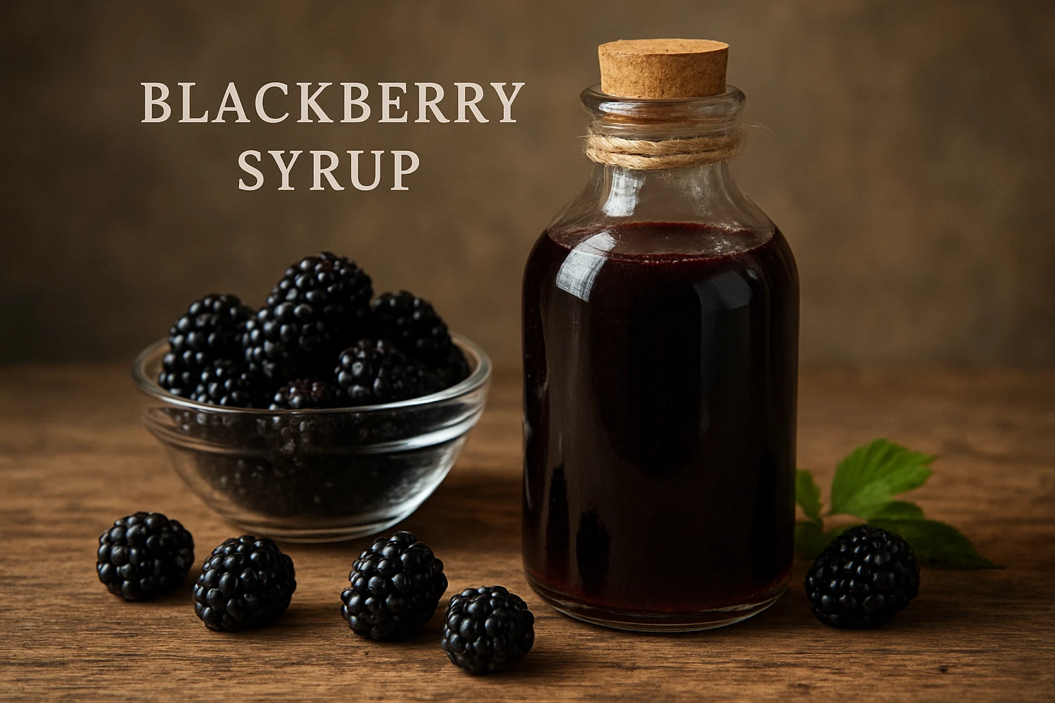 Egy üveg fekete szeder szirup, mellette friss fekete szeder bogyók.