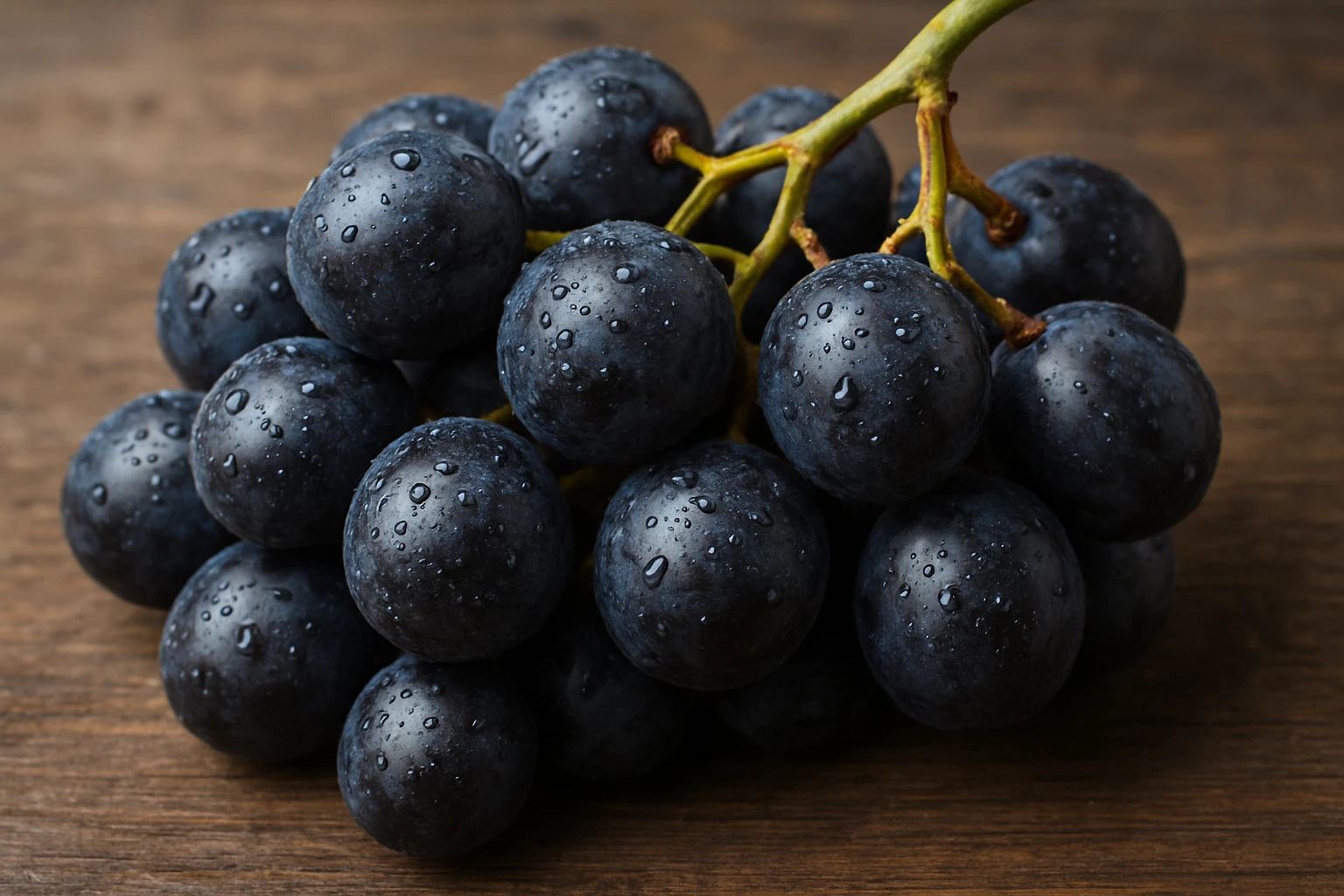 Friss, lédús fekete szőlőfürt, vízcseppekkel a bogyókon, fából készült felületen.