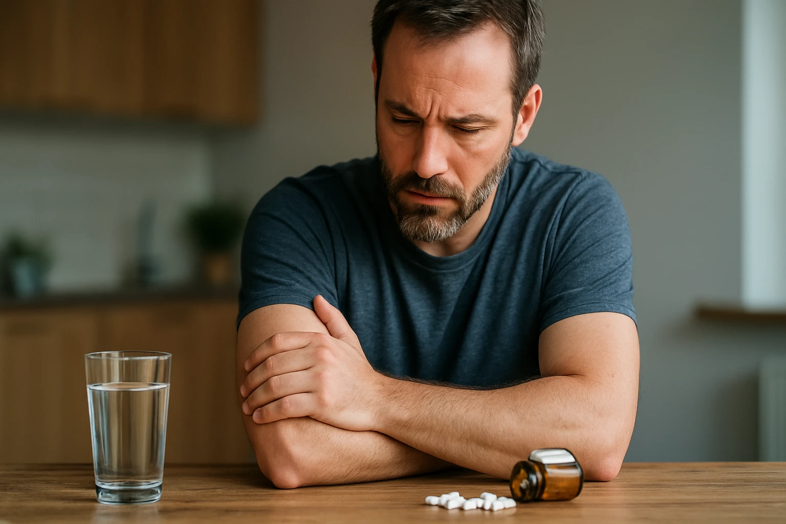 Egy férfi szomorúan néz a gyógyszerekre és egy pohár vízre az asztalon.