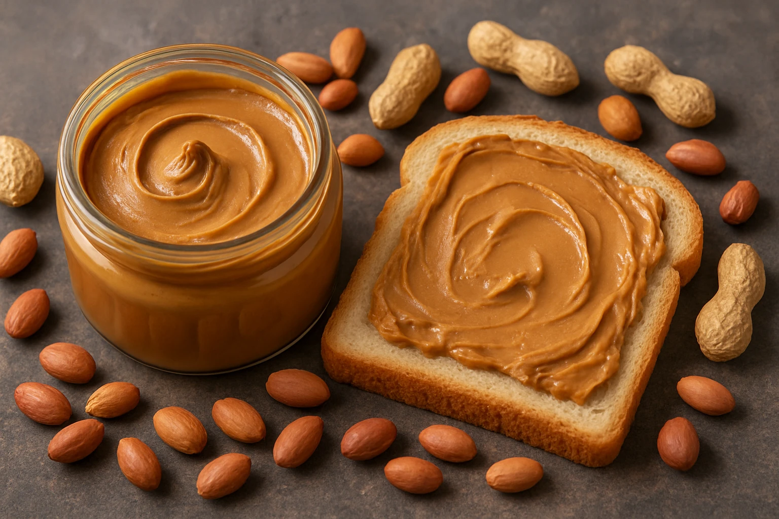 Egy üveg mogyoróvaj, mellette egy szelet kenyér mogyoróvajjal megkenve és mogyorók szórva.