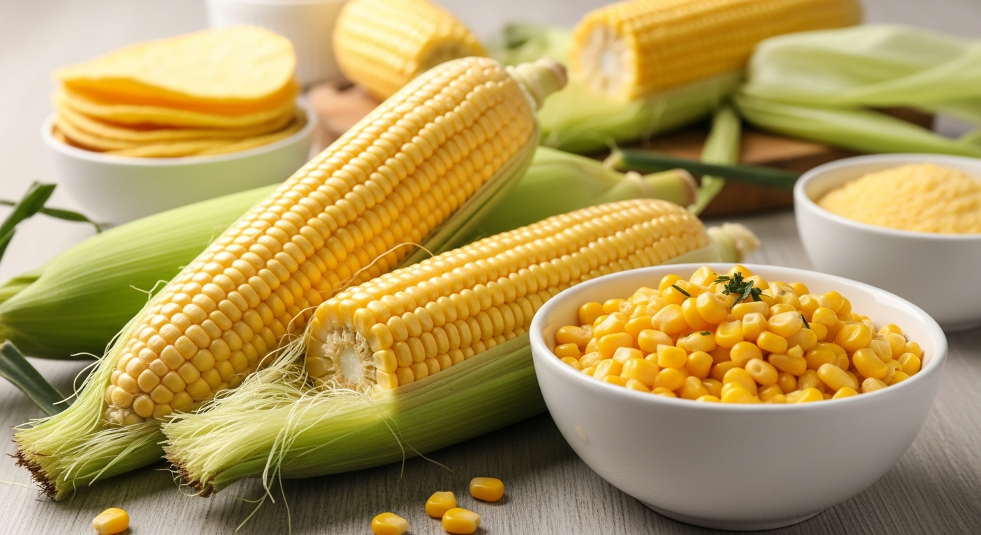 Friss kukorica csövek és szemek egy fehér tálban, zöld levelek között.