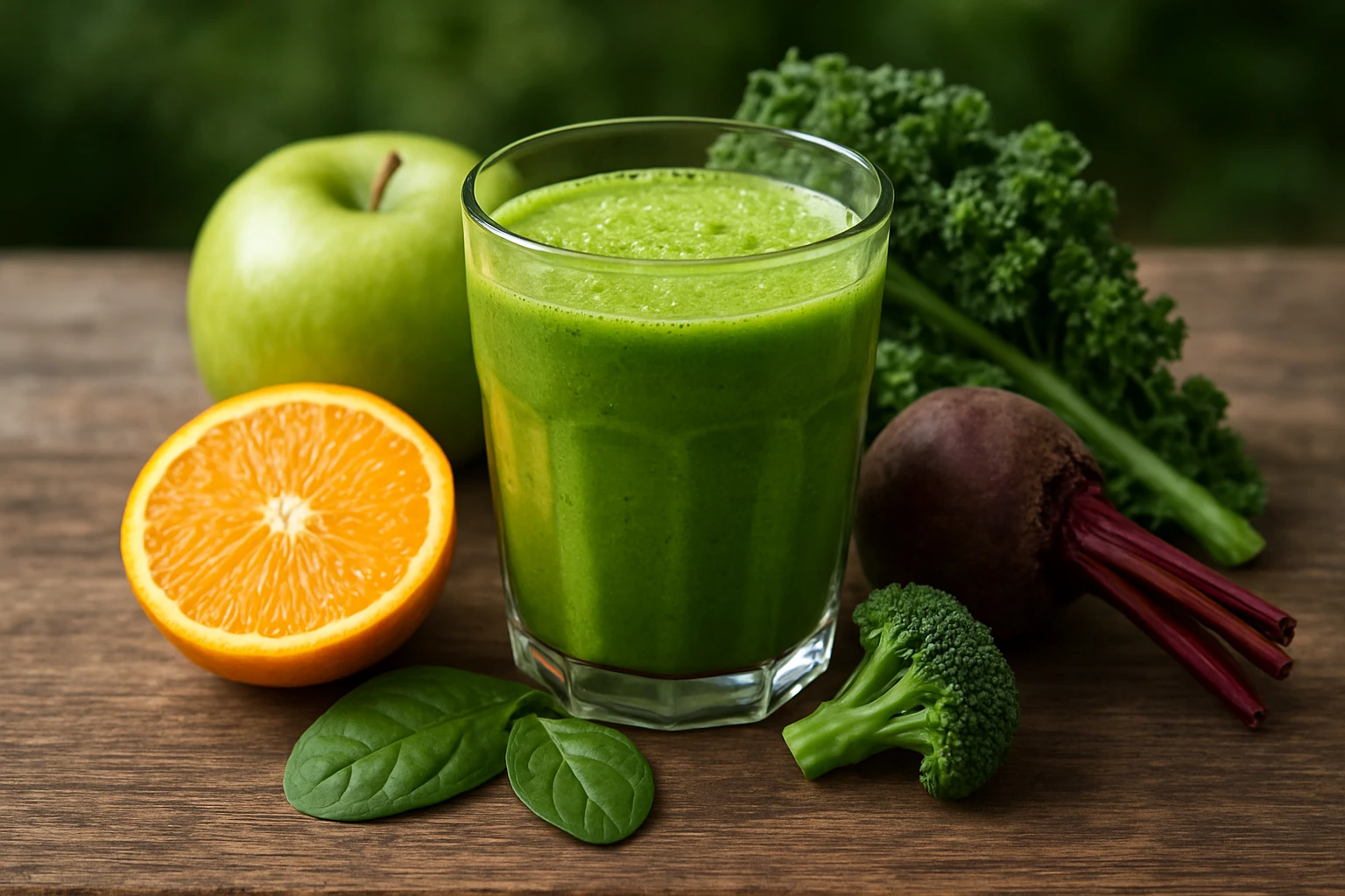 Zöld smoothie, zöld alma, narancs, brokkoli és cékla körül.