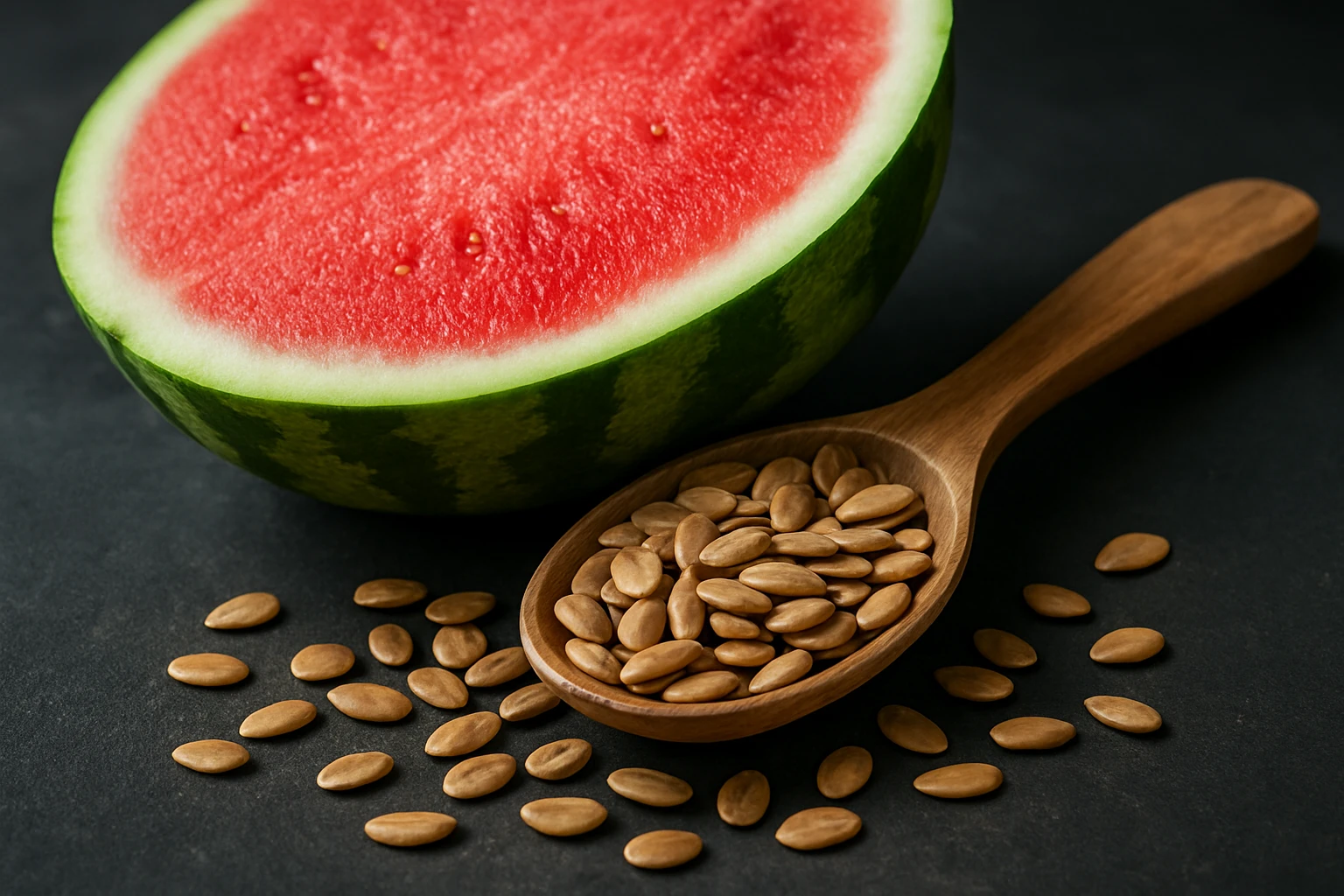 Félbevágott görögdinnye és mellette egy fakanálon görögdinnye magok.