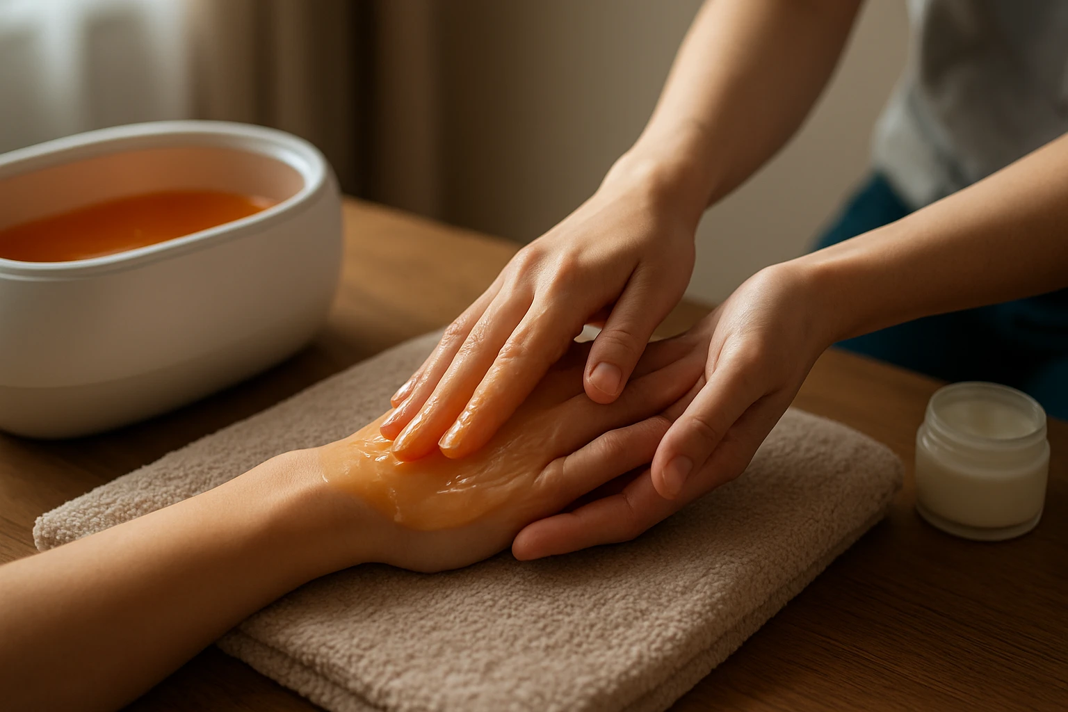 Két kéz, az egyik masszírozza a másikat, hidratáló anyaggal.