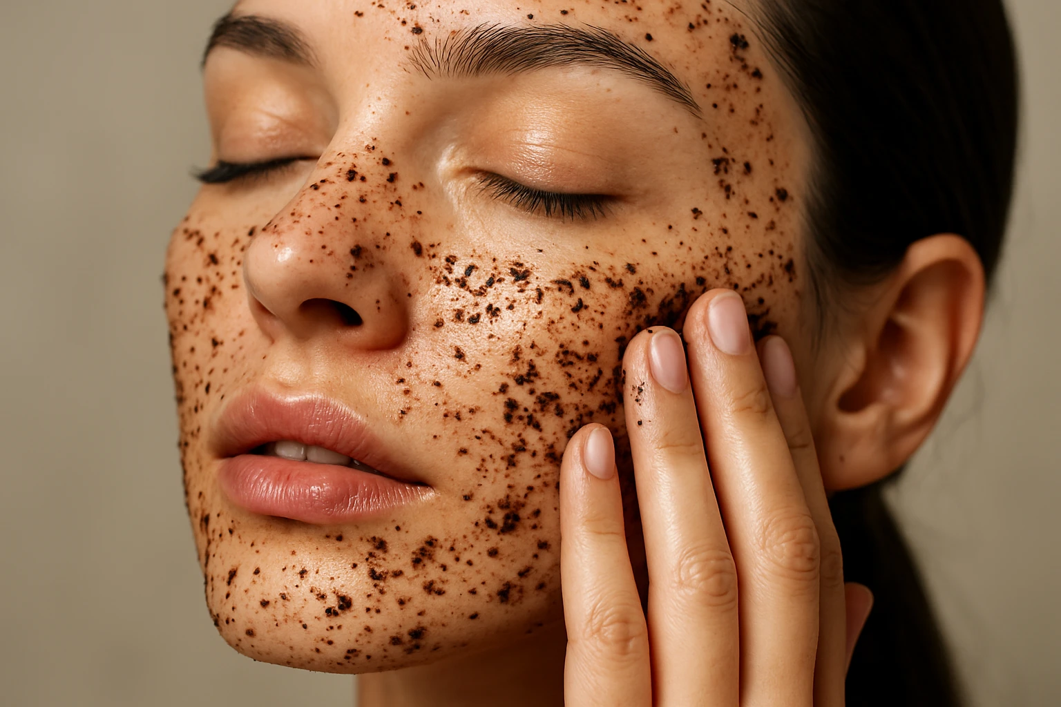 Egy nő arca kávézaccal van borítva, miközben bőrápolást végez.