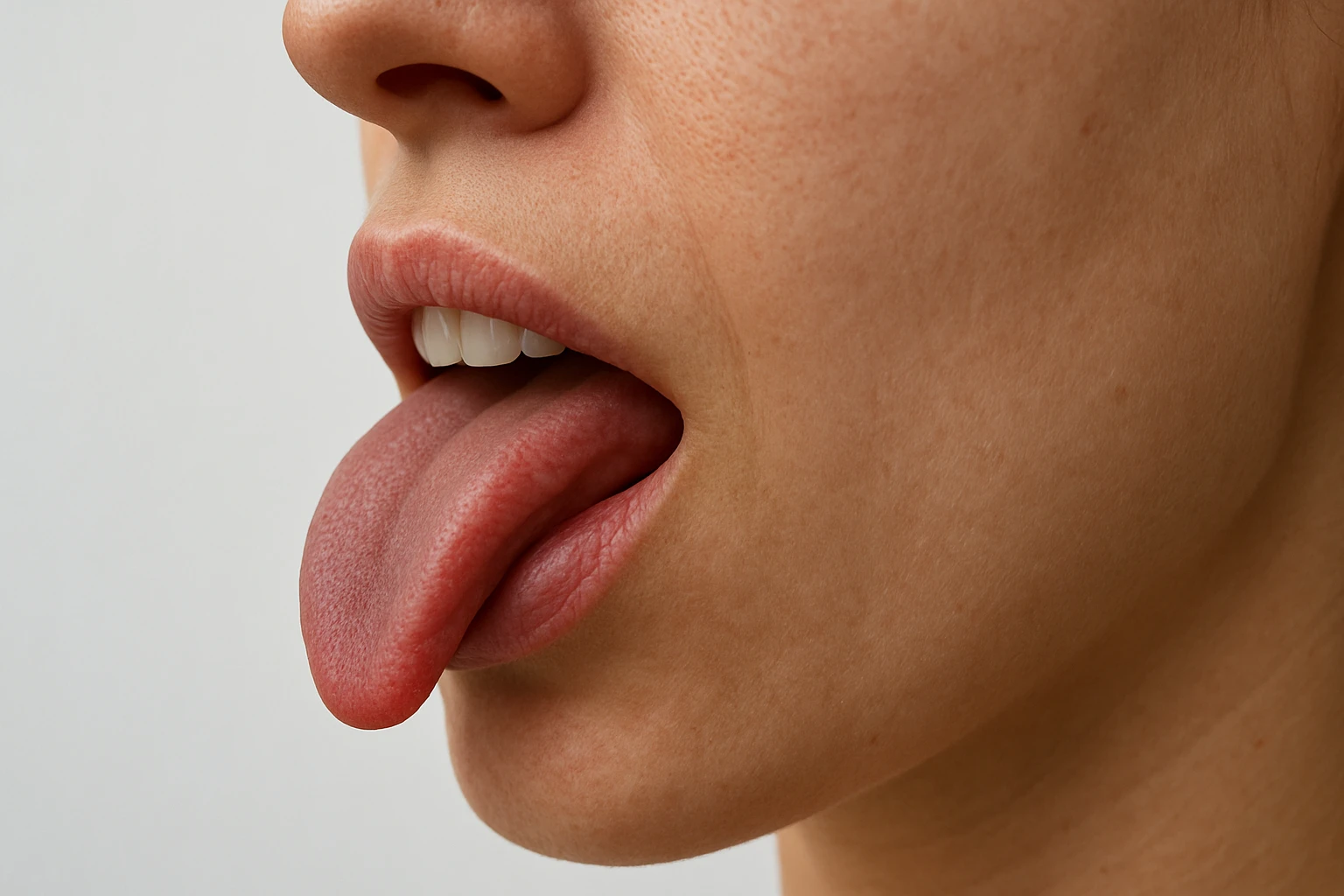 Egy női arc részlete, nyelve kiöltve, természetes bőrszínnel.