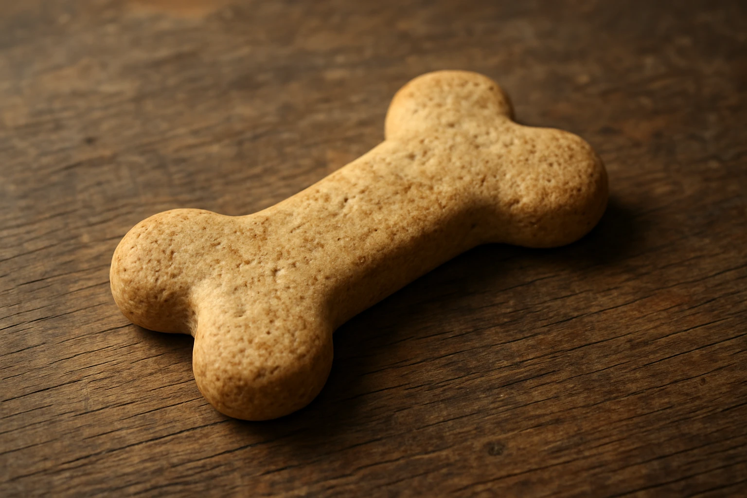 Egy kutyacsont alakú süti, barna színű, fából készült felületen.