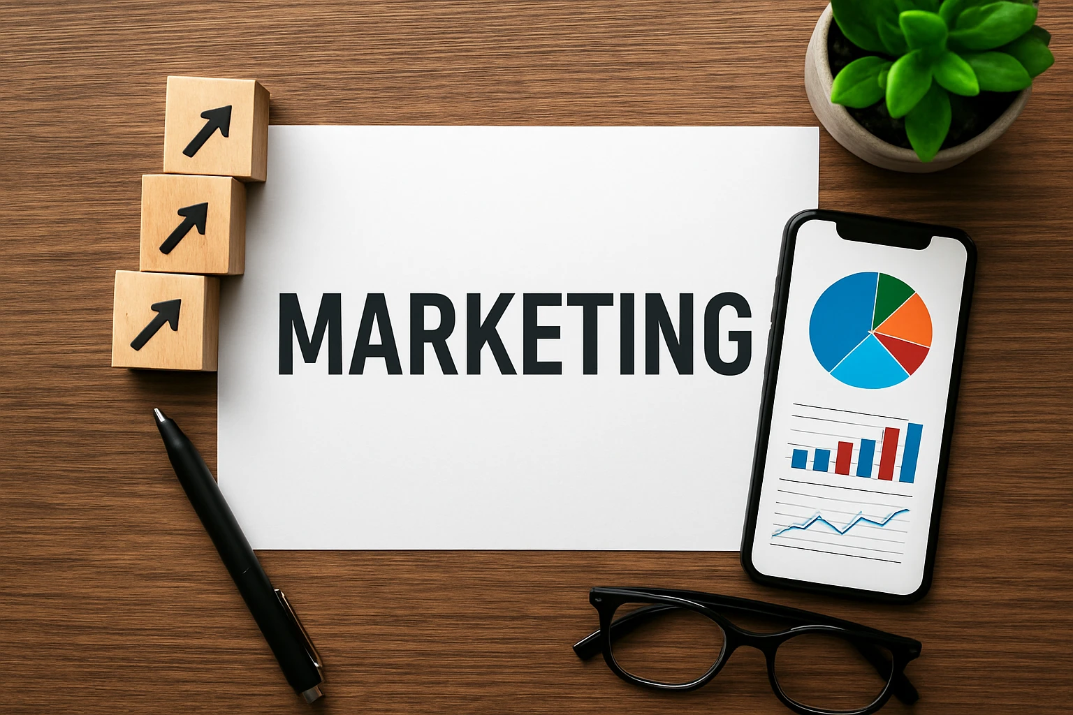 Egy asztalon elhelyezett marketing dokumentum, telefon grafikonokkal és növekedést jelző kockák.