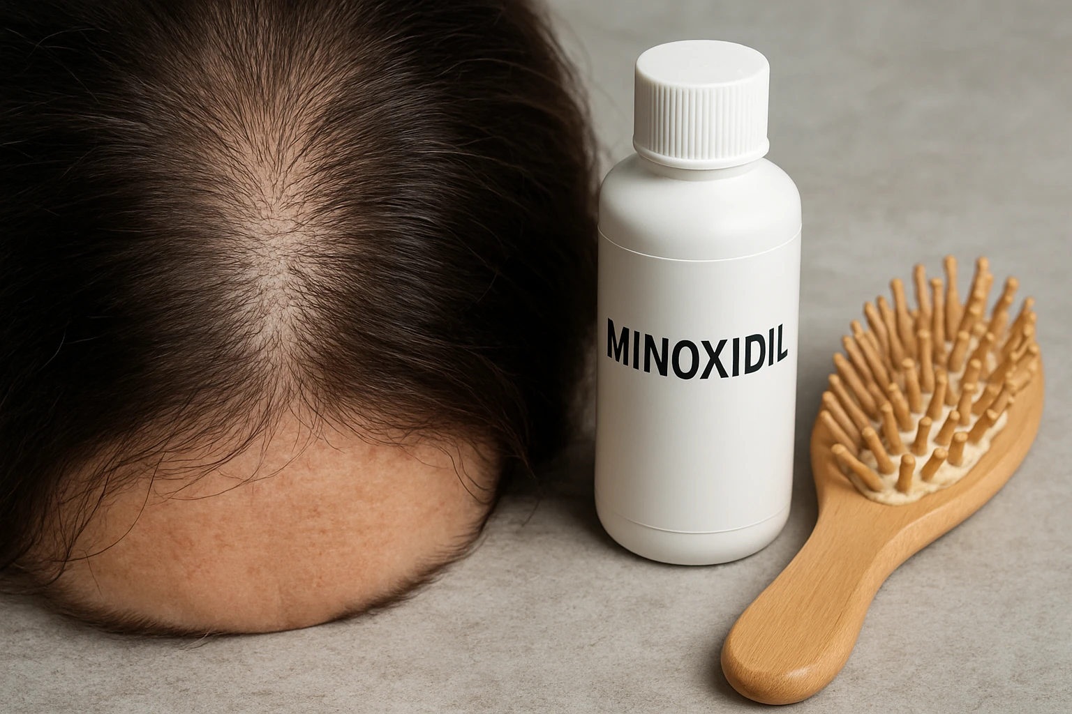 Egy kopaszodó fejbőr, mellette minoxidil és egy fésű.