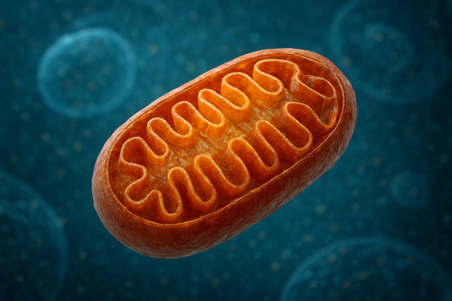 Egy mitokondrium részletes, 3D-s ábrázolása, élénk narancssárga színben.