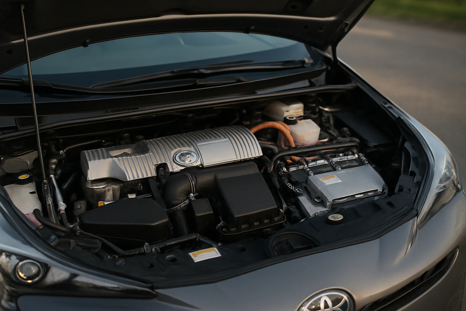 Egy modern autó motorháztetője alatt látható motor és alkatrészek.