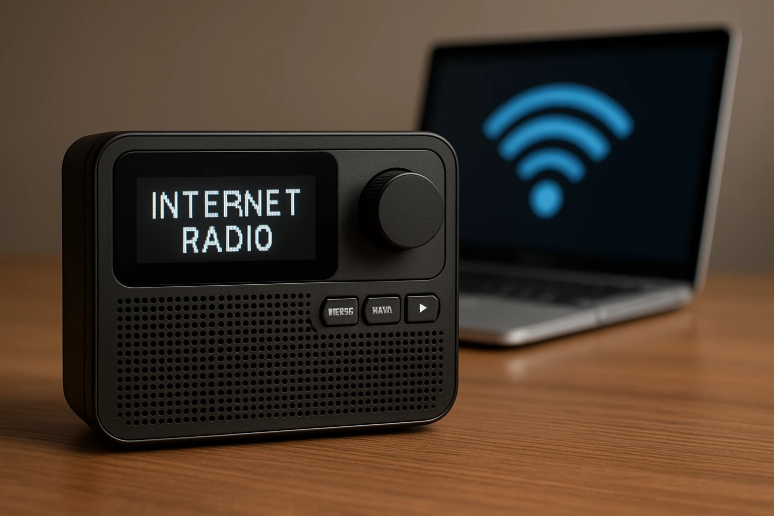 Egy internetes rádió fekete színben, háttérben egy laptop wifi jelével.