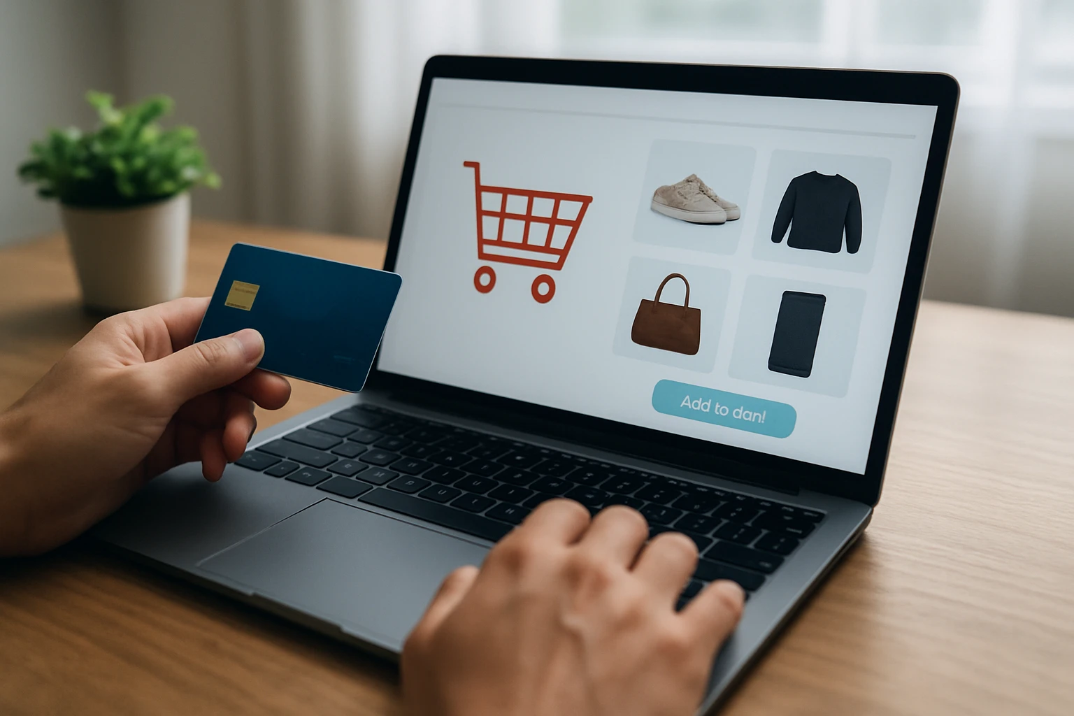 Egy kéz bankkártyát tart, miközben online vásárlást végez egy laptopon.