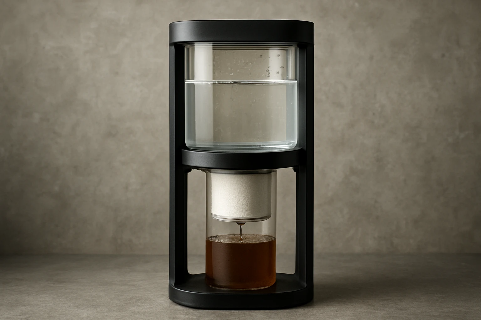 Egy modern, fekete kávéfőző, amely víz és kávé keverékét mutatja.