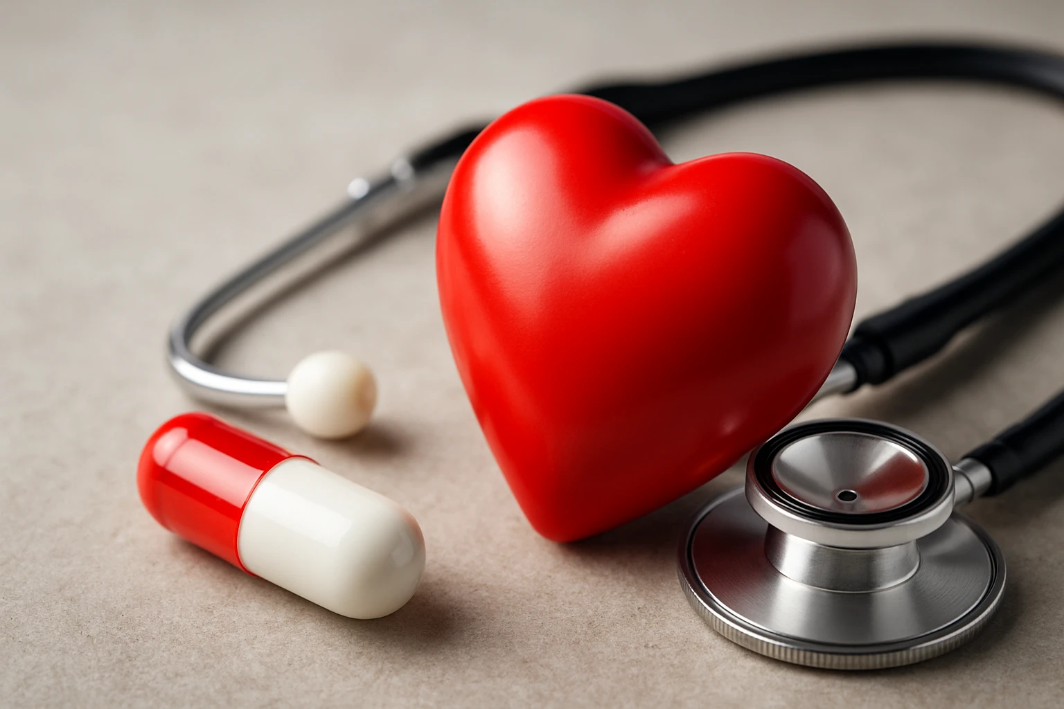 Egy piros szív, egy stethoszkóp és egy gyógyszer kapszula látható az asztalon.