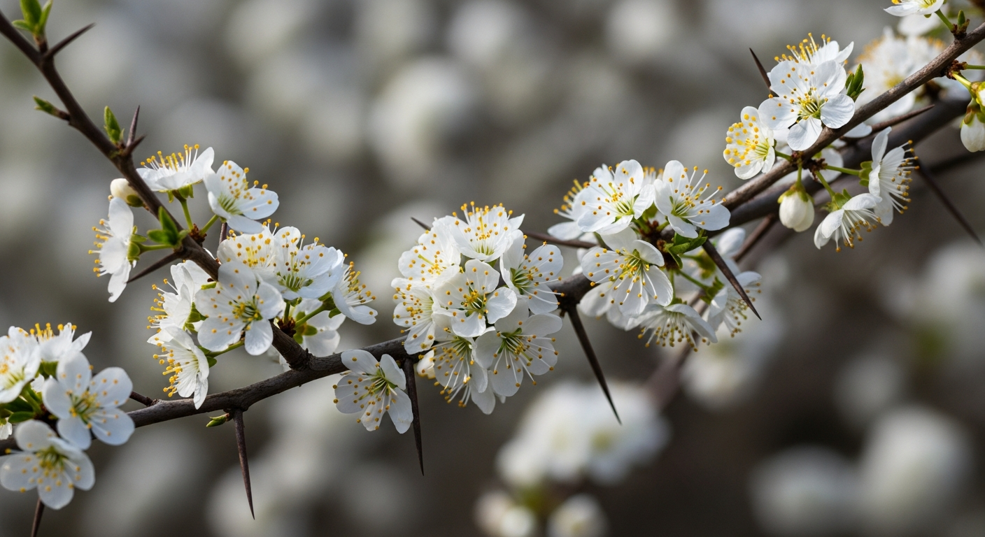 Virágzó gyümölcsfa ág, fehér virágokkal és éles tövisekkel.