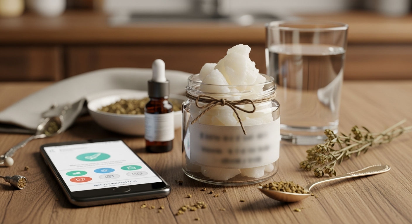 Egy üvegben tárolt természetes krém, mellette gyógynövények és okostelefon.