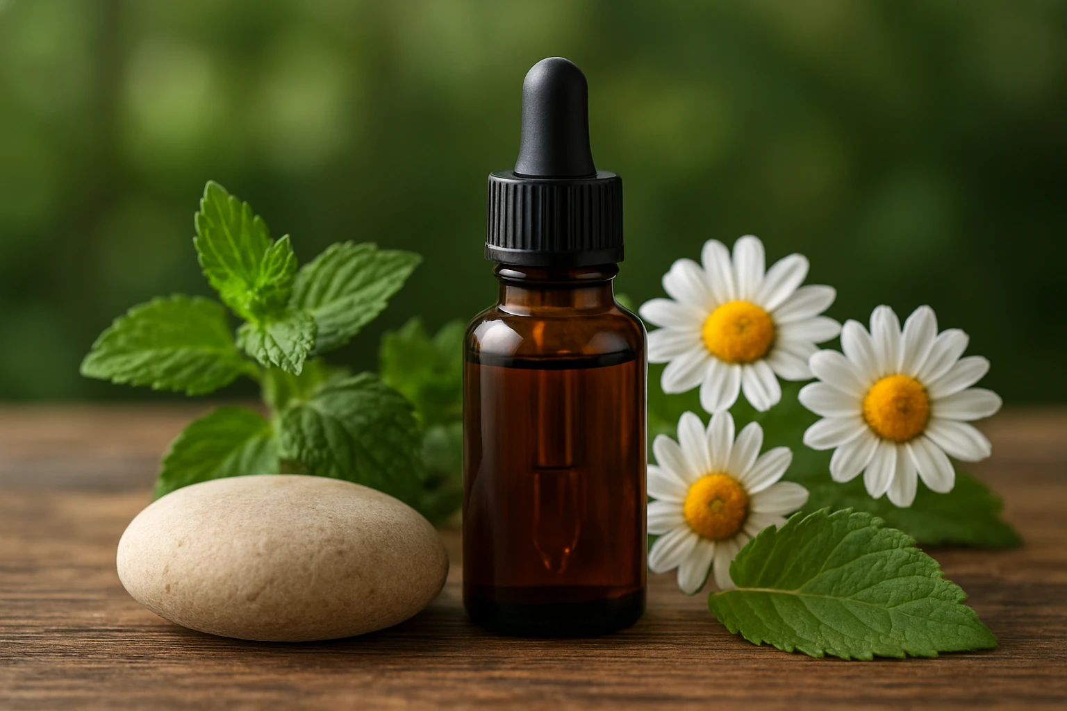 Egy barna üveg cseppentő, mellette menta levelek és margaréta virágok.