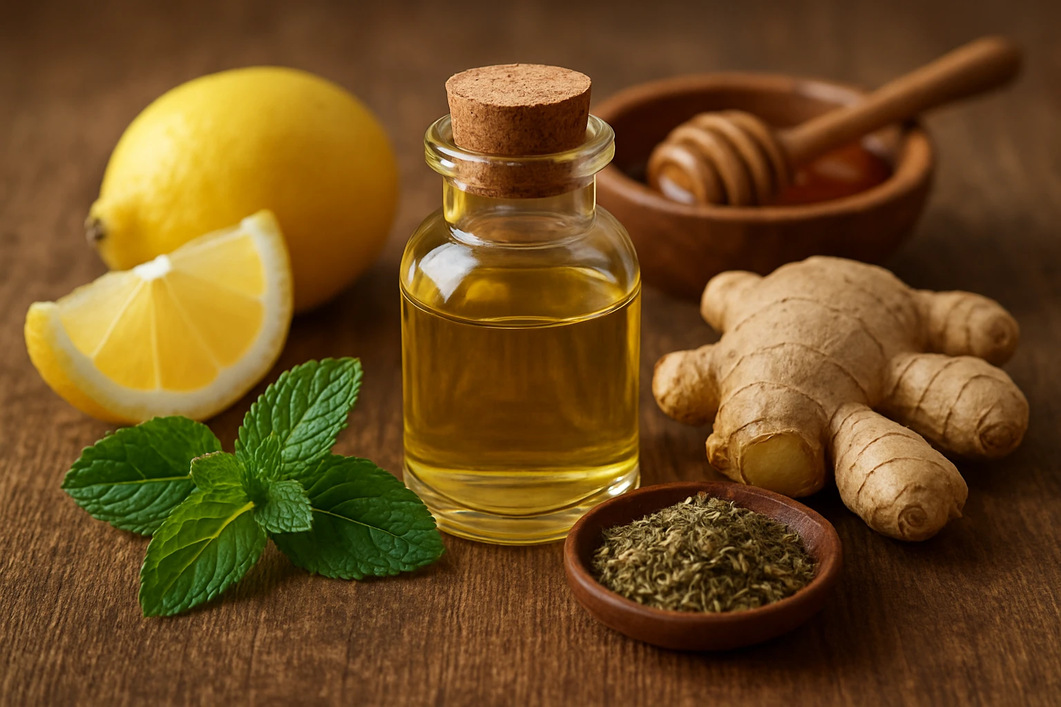 Friss citrom, gyömbér, méz és olívaolaj egy fából készült asztalon.