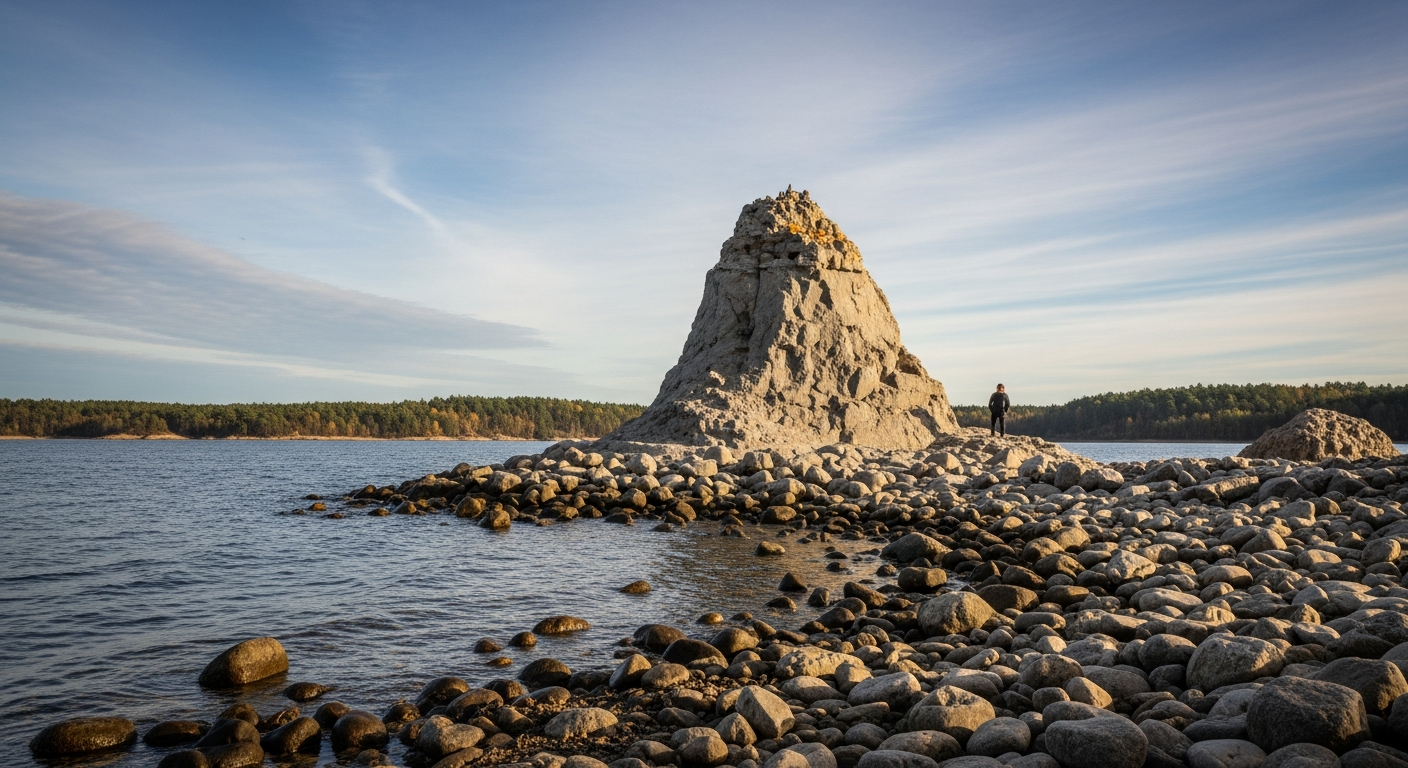 Egy ember áll egy sziklás parton, mögötte egy magas szikla és víz.