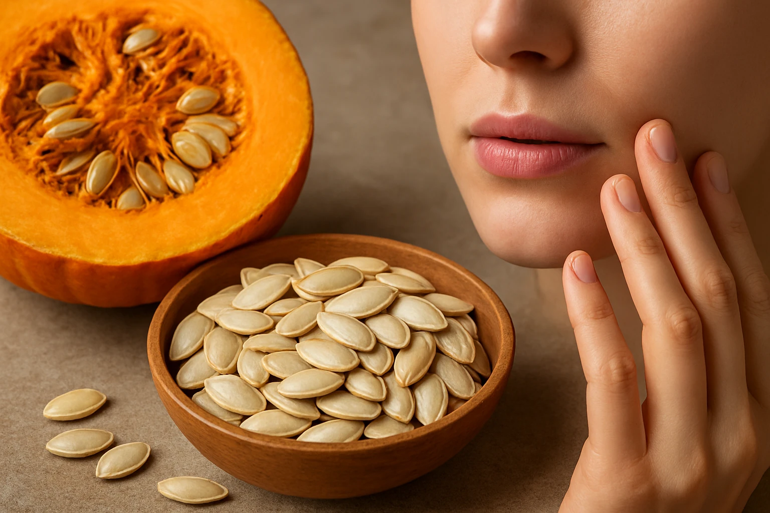 Egy nő arca közelről, mellette tök és tökmagok egy tálban.