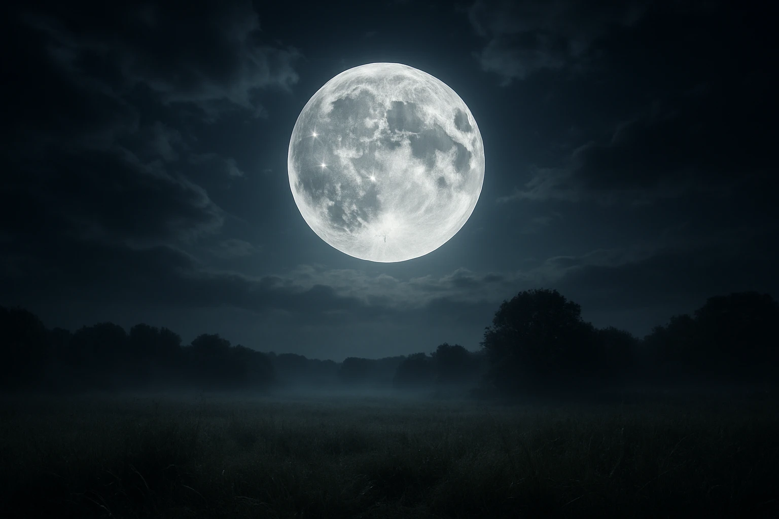 Telihold ragyog a sötét égen, körülötte felhők és ködös táj.