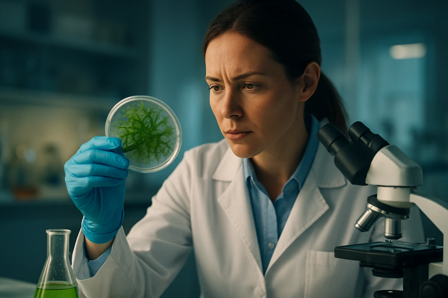 Egy női kutató zöld algát vizsgál egy petri csészében laboratóriumi környezetben.